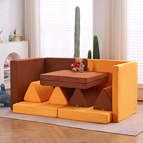 jela Kids Couch Extended Size 8PCS for Family, Floor Sofa Couch Modular Funiture for Kids Adults, Playhouse Play Set for Toddlers Babies, Modular Foam Play Couch Indoor 66" x 33" x 22" Coffee