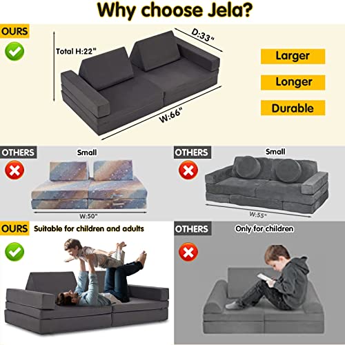 jela Kids Couch Extended Size 8PCS for Family, Floor Sofa Couch Modular Funiture for Kids Adults, Playhouse Play Set for Toddlers Babies, Modular Foam Play Couch Indoor 66" x 33" x 22" Green