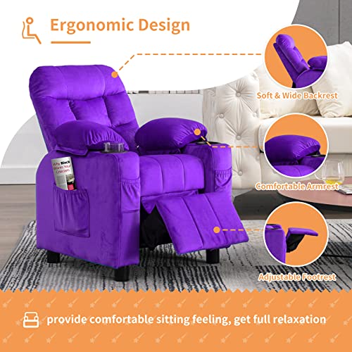 Kids Recliner, Toddlers Kids Recliner Chair with Cup Holder, Ergonomic Adjustable Velvet Lounge Chair with Footrest & Side Pockets, Toddlers Kids Baby Sofa for Boys Girls Bedroom