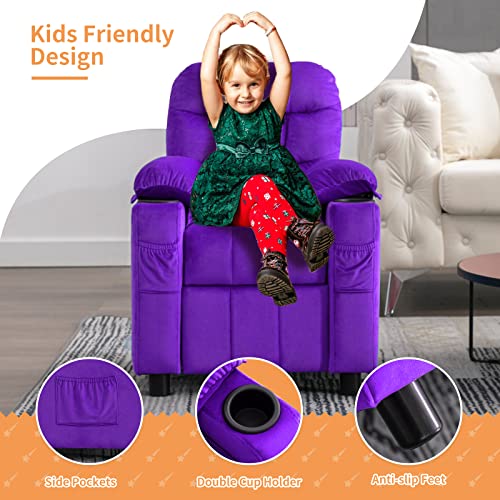 Kids Recliner, Toddlers Kids Recliner Chair with Cup Holder, Ergonomic Adjustable Velvet Lounge Chair with Footrest & Side Pockets, Toddlers Kids Baby Sofa for Boys Girls Bedroom