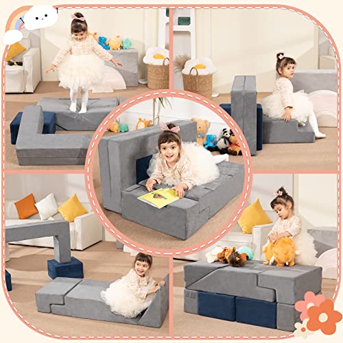 LOAOL Kids Couch Toddler Couch, Foam Climbing Playset for Kids, Convertible Play Couch Imaginative Furniture for Boys & Girls, Foldable Kids Play Couch for Bedroom Playroom with 2 Ottomans