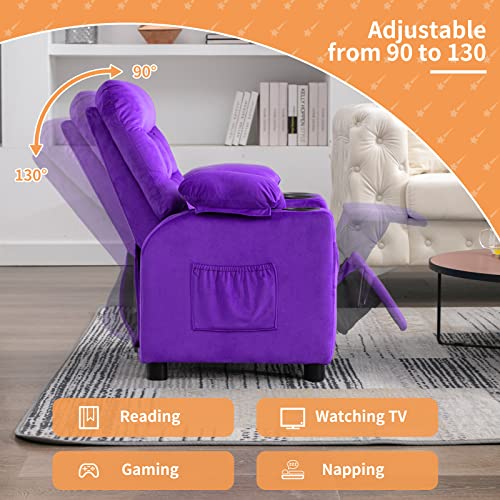Kids Recliner, Toddlers Kids Recliner Chair with Cup Holder, Ergonomic Adjustable Velvet Lounge Chair with Footrest & Side Pockets, Toddlers Kids Baby Sofa for Boys Girls Bedroom
