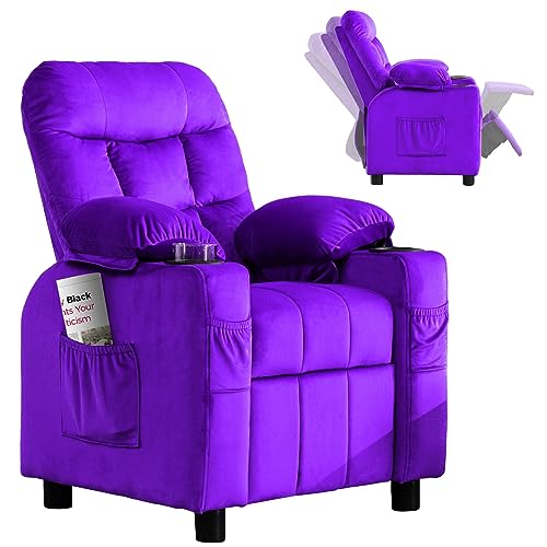 Kids Recliner, Toddlers Kids Recliner Chair with Cup Holder, Ergonomic Adjustable Velvet Lounge Chair with Footrest & Side Pockets, Toddlers Kids Baby Sofa for Boys Girls Bedroom