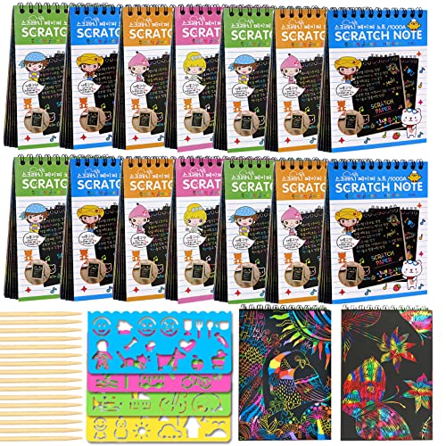 POKONBOY 16 Pack Scratch Arts and Crafts Notebooks, Scratch Note Pads for Kids Rainbow Party Favors Coloring Books for Kids Art Party Supplies Stocking Stuffers（16 Wooden Stylus & 4 Drawing Stencils）