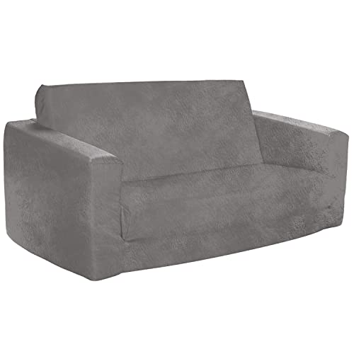 Posh Creations Kid Sofa and Convertible Lounger, 2-in-1 Easily Adjustable Memory Foam Sofa to Lounger – Comfy Toddler Chair, Two Seater Straight Back and Convertible Lounger - Faux Rabbit Fur Gray