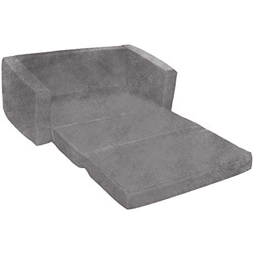 Posh Creations Kid Sofa and Convertible Lounger, 2-in-1 Easily Adjustable Memory Foam Sofa to Lounger – Comfy Toddler Chair, Two Seater Straight Back and Convertible Lounger - Faux Rabbit Fur Gray