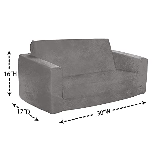 Posh Creations Kid Sofa and Convertible Lounger, 2-in-1 Easily Adjustable Memory Foam Sofa to Lounger – Comfy Toddler Chair, Two Seater Straight Back and Convertible Lounger - Faux Rabbit Fur Gray