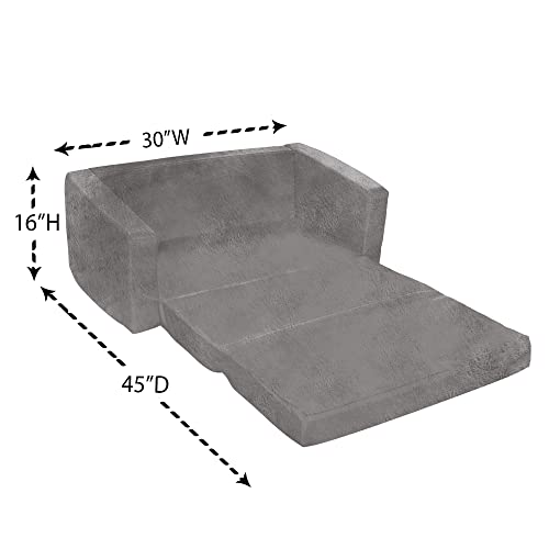 Posh Creations Kid Sofa and Convertible Lounger, 2-in-1 Easily Adjustable Memory Foam Sofa to Lounger – Comfy Toddler Chair, Two Seater Straight Back and Convertible Lounger - Faux Rabbit Fur Gray