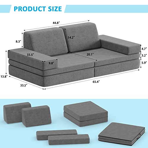 Kieperi Ultra Large Couch Soft Kids Sofa, Indoor Play Couch for Creative Toddler, Free Combination Kids Couch for Playroom and Bedroom (Grey-L)