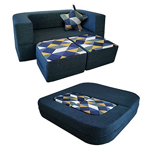ANONER Kids Couch Convertible Toddler Sofa 4pcs with Memory Foam Fold Out Kids Sofa Bed, Play Couch Chair for Children Boys and Girls, Dark Blue