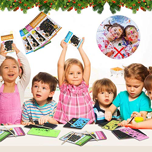 POKONBOY 16 Pack Scratch Arts and Crafts Notebooks, Scratch Note Pads for Kids Rainbow Party Favors Coloring Books for Kids Art Party Supplies Stocking Stuffers（16 Wooden Stylus & 4 Drawing Stencils）