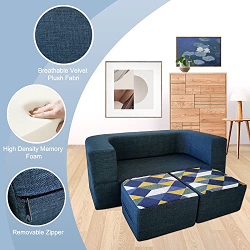 ANONER Kids Couch Convertible Toddler Sofa 4pcs with Memory Foam Fold Out Kids Sofa Bed, Play Couch Chair for Children Boys and Girls, Dark Blue