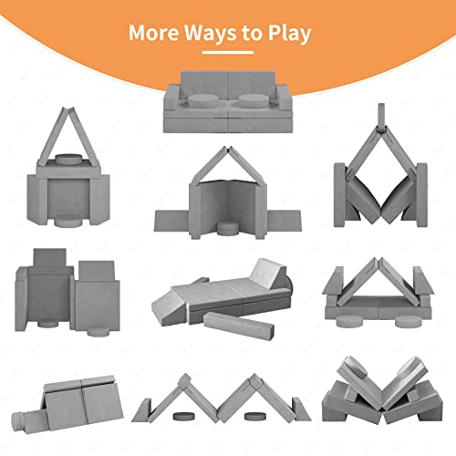MOOITZ Kids Couch 10Pcs, Kids Couch Sofa for Playroom, Creative Modular Sofa Couch for Imaginative Kids Toddlers, Kids Playroom Furniture (Grey)