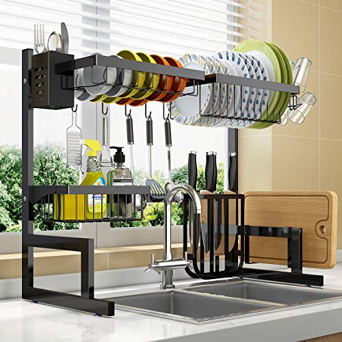 Over The Sink Dish Drying Rack Adjustable (25.6"-33.5"), 2 Tier Stainless Steel Large Dish Rack Drainer for Kitchen Counter Organizer Storage Space Saver with 10 Utility Hooks