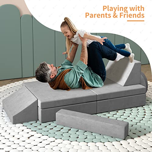 MOOITZ Kids Couch 10Pcs, Kids Couch Sofa for Playroom, Creative Modular Sofa Couch for Imaginative Kids Toddlers, Kids Playroom Furniture (Grey)