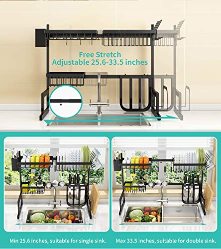 Over The Sink Dish Drying Rack Adjustable (25.6"-33.5"), 2 Tier Stainless Steel Large Dish Rack Drainer for Kitchen Counter Organizer Storage Space Saver with 10 Utility Hooks