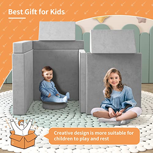 MOOITZ Kids Couch 10Pcs, Kids Couch Sofa for Playroom, Creative Modular Sofa Couch for Imaginative Kids Toddlers, Kids Playroom Furniture (Grey)