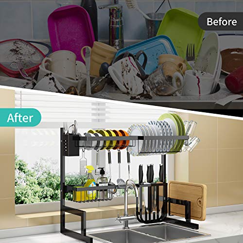 Over The Sink Dish Drying Rack Adjustable (25.6"-33.5"), 2 Tier Stainless Steel Large Dish Rack Drainer for Kitchen Counter Organizer Storage Space Saver with 10 Utility Hooks