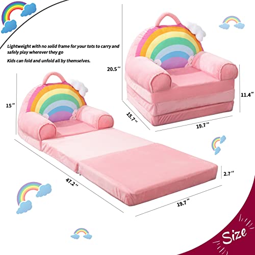 HIGOGOGO Plush Foldable Kids Sofa, Cartoon Rainbow Children Couch Backrest Armchair Bed with Pocket and Handle, Upholstered 2 in 1 Flip Open Infant Baby Seat for Living Room Bedroom, Pink