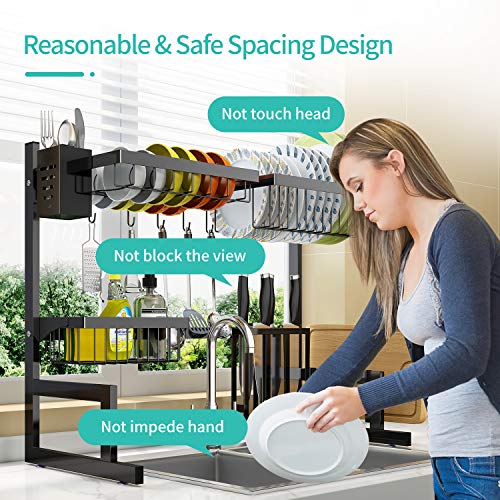 Over The Sink Dish Drying Rack Adjustable (25.6"-33.5"), 2 Tier Stainless Steel Large Dish Rack Drainer for Kitchen Counter Organizer Storage Space Saver with 10 Utility Hooks