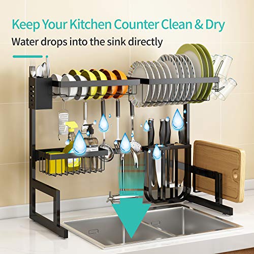 Over The Sink Dish Drying Rack Adjustable (25.6"-33.5"), 2 Tier Stainless Steel Large Dish Rack Drainer for Kitchen Counter Organizer Storage Space Saver with 10 Utility Hooks