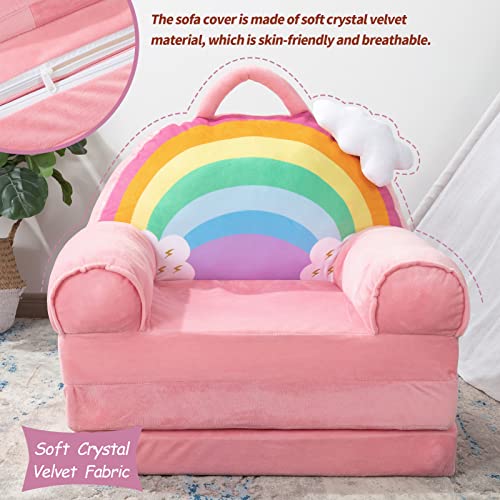 HIGOGOGO Plush Foldable Kids Sofa, Cartoon Rainbow Children Couch Backrest Armchair Bed with Pocket and Handle, Upholstered 2 in 1 Flip Open Infant Baby Seat for Living Room Bedroom, Pink