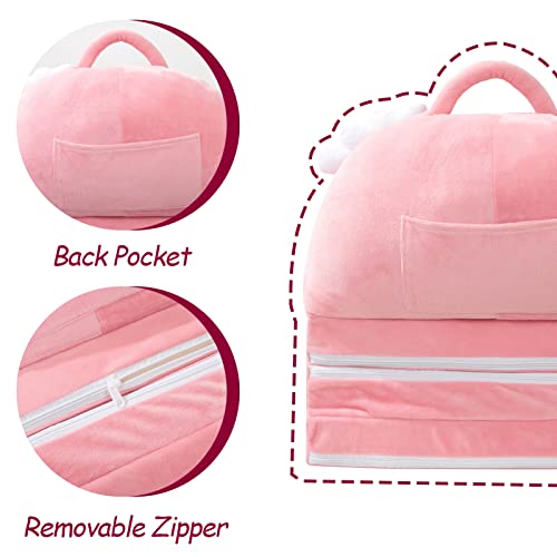 HIGOGOGO Plush Foldable Kids Sofa, Cartoon Rainbow Children Couch Backrest Armchair Bed with Pocket and Handle, Upholstered 2 in 1 Flip Open Infant Baby Seat for Living Room Bedroom, Pink