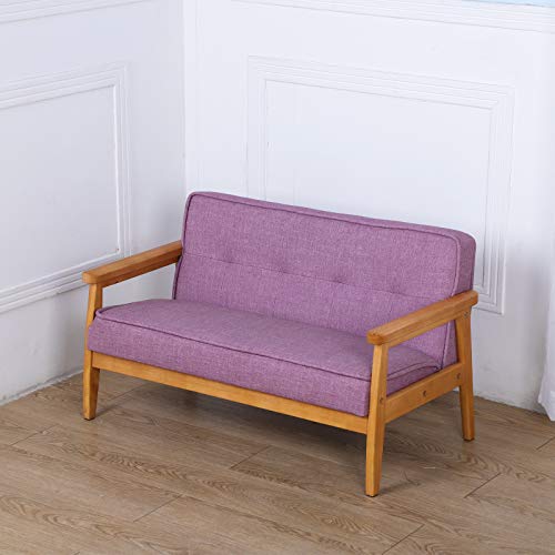 Yoonnie room Double Seater Kid Sofa Chair, Kid Couch with Solid Wood Arm and Linen Pattern PVC for Kids Rest (Light Purple)