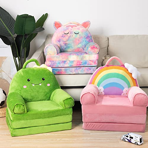 HIGOGOGO Plush Foldable Kids Sofa, Cartoon Rainbow Children Couch Backrest Armchair Bed with Pocket and Handle, Upholstered 2 in 1 Flip Open Infant Baby Seat for Living Room Bedroom, Pink