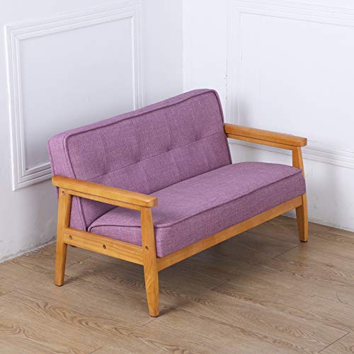 Yoonnie room Double Seater Kid Sofa Chair, Kid Couch with Solid Wood Arm and Linen Pattern PVC for Kids Rest (Light Purple)