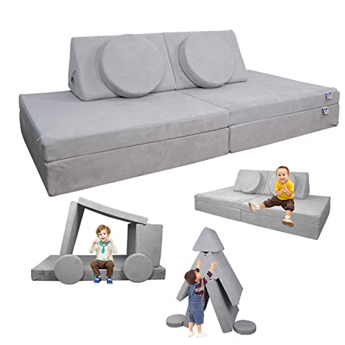 CHxxy Kids Couch (Large Size),Fold Out Modula Kids Sofa for Playroom Bedroom,Original Furniture Play Set for Children,Toddlers Couch for Playing,Creativing, Sleeping(Light Grey)