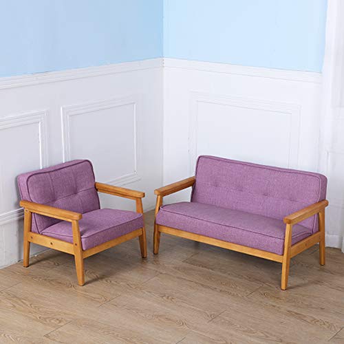 Yoonnie room Double Seater Kid Sofa Chair, Kid Couch with Solid Wood Arm and Linen Pattern PVC for Kids Rest (Light Purple)
