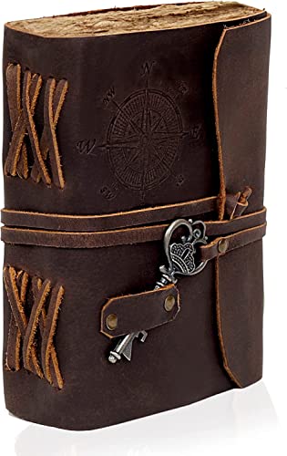 C CUERO Compass Vintage Leather Journal - Antique Handmade Leather Bound journal with deckle edge paper Diary - Leather Sketchbook - Drawing Journal Notebook - Great Gift Men And Women (6X8 Inch)