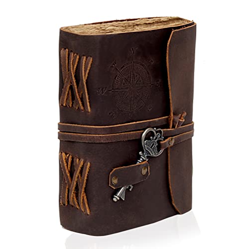 C CUERO Compass Vintage Leather Journal - Antique Handmade Leather Bound journal with deckle edge paper Diary - Leather Sketchbook - Drawing Journal Notebook - Great Gift Men And Women (6X8 Inch)