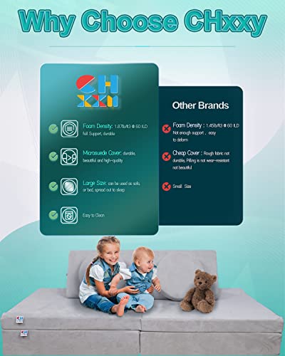 CHxxy Kids Couch (Large Size),Fold Out Modula Kids Sofa for Playroom Bedroom,Original Furniture Play Set for Children,Toddlers Couch for Playing,Creativing, Sleeping(Light Grey)