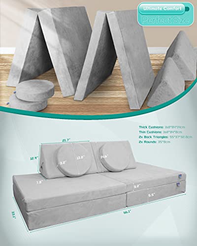 CHxxy Kids Couch (Large Size),Fold Out Modula Kids Sofa for Playroom Bedroom,Original Furniture Play Set for Children,Toddlers Couch for Playing,Creativing, Sleeping(Light Grey)