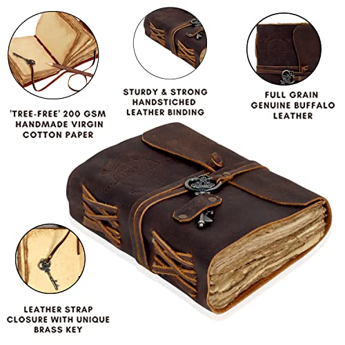 C CUERO Compass Vintage Leather Journal - Antique Handmade Leather Bound journal with deckle edge paper Diary - Leather Sketchbook - Drawing Journal Notebook - Great Gift Men And Women (6X8 Inch)