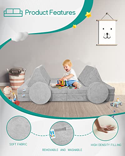 CHxxy Kids Couch (Large Size),Fold Out Modula Kids Sofa for Playroom Bedroom,Original Furniture Play Set for Children,Toddlers Couch for Playing,Creativing, Sleeping(Light Grey)
