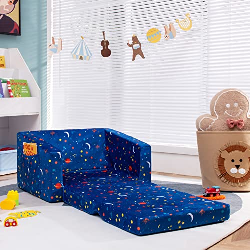 Costzon Kids Sofa, 2 in 1 Flip Open Couch w/Sturdy Sponge Construction, Velvet Fabric, Storage Pockets, Toddler Armrest Chair Bed for Nap Play Sleep, Ideal Gift for 0-4 Years Old Children, Blue Space