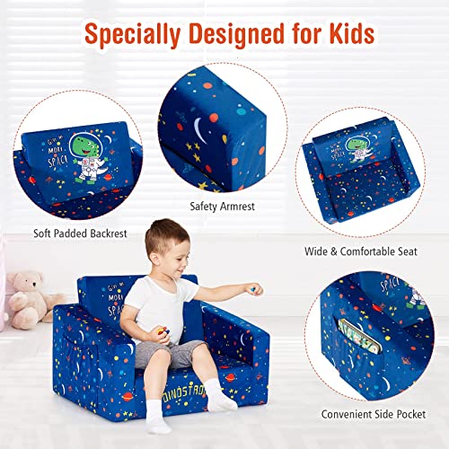 Costzon Kids Sofa, 2 in 1 Flip Open Couch w/Sturdy Sponge Construction, Velvet Fabric, Storage Pockets, Toddler Armrest Chair Bed for Nap Play Sleep, Ideal Gift for 0-4 Years Old Children, Blue Space
