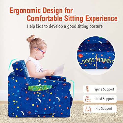Costzon Kids Sofa, 2 in 1 Flip Open Couch w/Sturdy Sponge Construction, Velvet Fabric, Storage Pockets, Toddler Armrest Chair Bed for Nap Play Sleep, Ideal Gift for 0-4 Years Old Children, Blue Space