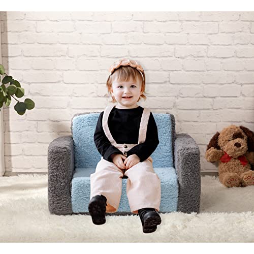 ALIMORDEN 2-in-1 Flip Out Cuddly Sherpa Kids Couch, Convertible Sofa to Lounger, Grey and Blue