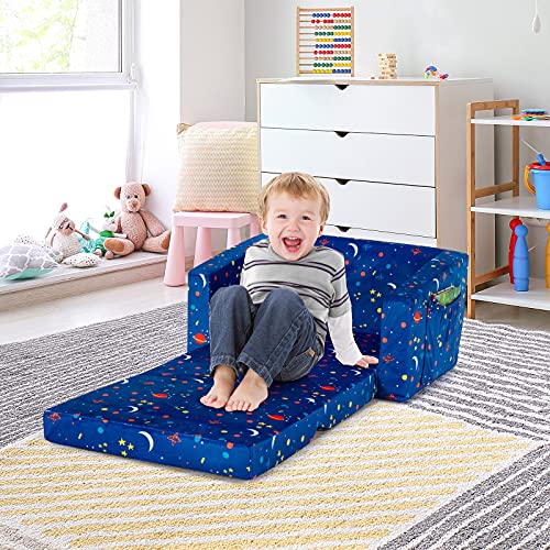 Costzon Kids Sofa, 2 in 1 Flip Open Couch w/Sturdy Sponge Construction, Velvet Fabric, Storage Pockets, Toddler Armrest Chair Bed for Nap Play Sleep, Ideal Gift for 0-4 Years Old Children, Blue Space