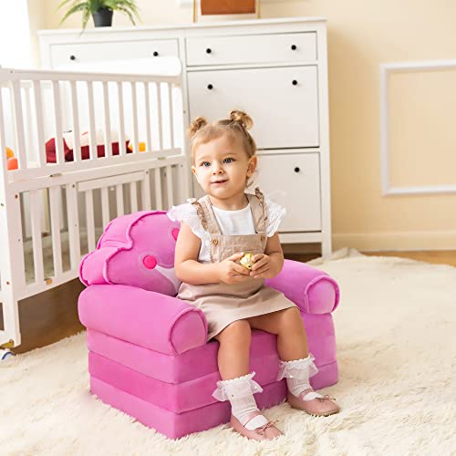 MOONBEEKI Kids Couch Fold Out, Foldable Princess Chair for Toddlers 1-3, Sofa Bed for Kids Folding Toddler Bed Lounger Chair for Bedroom, Toddler Couch Bed for Girl (Pink)