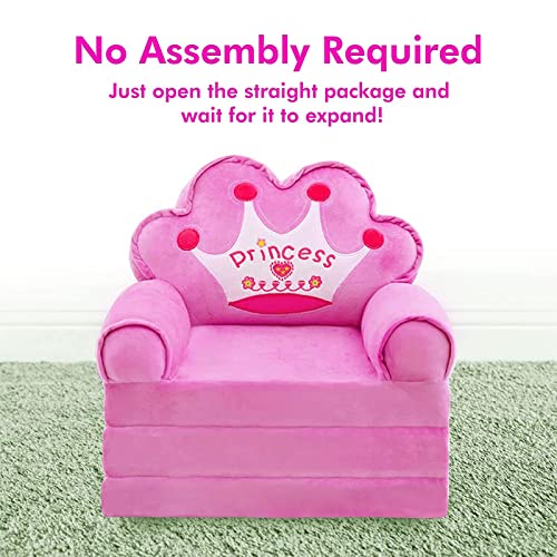 MOONBEEKI Kids Couch Fold Out, Foldable Princess Chair for Toddlers 1-3, Sofa Bed for Kids Folding Toddler Bed Lounger Chair for Bedroom, Toddler Couch Bed for Girl (Pink)