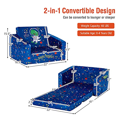 Costzon Kids Sofa, 2 in 1 Flip Open Couch w/Sturdy Sponge Construction, Velvet Fabric, Storage Pockets, Toddler Armrest Chair Bed for Nap Play Sleep, Ideal Gift for 0-4 Years Old Children, Blue Space