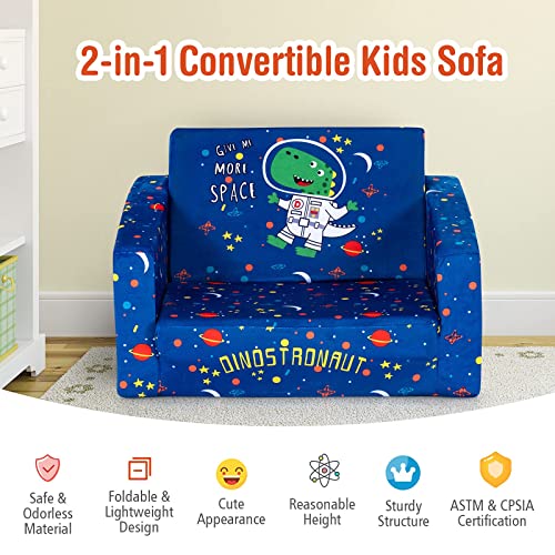 Costzon Kids Sofa, 2 in 1 Flip Open Couch w/Sturdy Sponge Construction, Velvet Fabric, Storage Pockets, Toddler Armrest Chair Bed for Nap Play Sleep, Ideal Gift for 0-4 Years Old Children, Blue Space