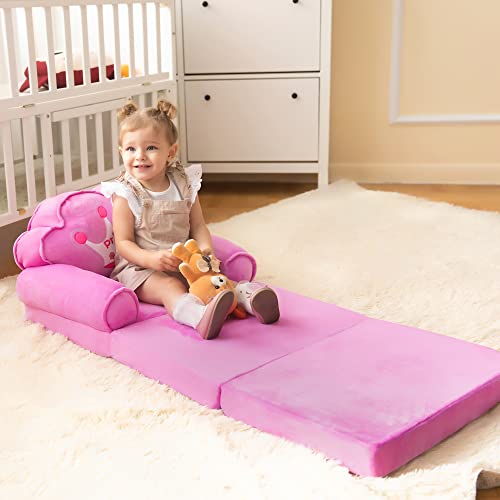 MOONBEEKI Kids Couch Fold Out, Foldable Princess Chair for Toddlers 1-3, Sofa Bed for Kids Folding Toddler Bed Lounger Chair for Bedroom, Toddler Couch Bed for Girl (Pink)
