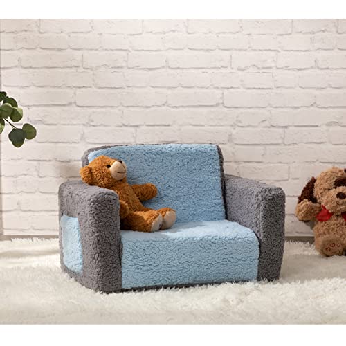 ALIMORDEN 2-in-1 Flip Out Cuddly Sherpa Kids Couch, Convertible Sofa to Lounger, Grey and Blue