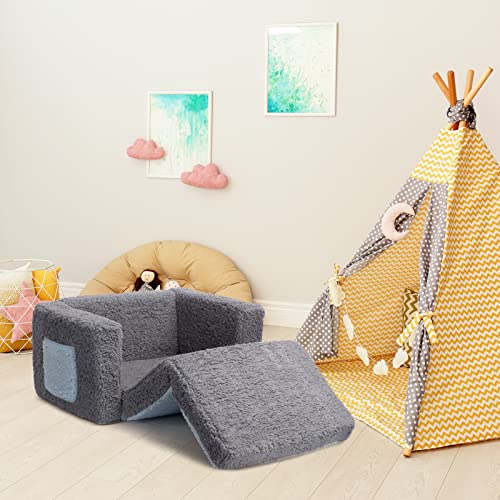 ALIMORDEN 2-in-1 Flip Out Cuddly Sherpa Kids Couch, Convertible Sofa to Lounger, Grey and Blue